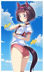  1girl animal_ears ass bangs blue_sky blunt_bangs bob_cut brown_hair buruma clouds ear_covers eyebrows_visible_through_hair gym_shirt gym_uniform hair_ornament highres horse_ears horse_girl horse_tail macaroni_hourensou nishino_flower_(umamusume) red_buruma shirt short_hair short_sleeves sky smile solo standing sweat tail umamusume violet_eyes white_shirt x_hair_ornament 