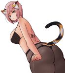  1girl :&lt; alternate_breast_size animal_ear_fluff animal_ears ass bare_arms bare_shoulders black_bra black_legwear bra breasts cat_ears cat_girl cat_tail cowboy_shot diona_(genshin_impact) from_behind frown genshin_impact green_eyes highres korean_commentary large_breasts looking_at_viewer looking_down older pantyhose pink_hair rinsutachio short_hair sideboob simple_background solo tail tail_raised thick_eyebrows thick_thighs thighs underwear white_background 
