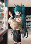  1girl absurdres aqua_eyes aqua_hair can hatsune_miku highres holding holding_can indoors long_hair long_sleeves nianjin6 skirt solo sweater thigh-highs twintails vocaloid 