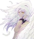  1girl :| adjusting_hair angel_wings bangs beige_jacket chinese_commentary closed_mouth commentary eyebrows_visible_through_hair feathered_wings feathers from_side hand_up highres kishin_sagume large_wings long_sleeves looking_at_viewer looking_to_the_side parted_bangs ringo_orihara short_hair simple_background solo touhou upper_body white_background white_hair white_wings wings yellow_eyes 