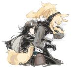  2girls :o animal_ears arknights armor bangs black_coat black_gloves black_hair black_jacket breastplate carrying carrying_person closed_eyes closed_mouth coat cropped_torso crossover ears_down gloves headphones horse_ears jacket long_hair manhattan_cafe_(umamusume) multiple_girls nearl_(arknights) nejikyuu parted_lips ponytail scarf simple_background sleeping symbol-only_commentary tail umamusume upper_body white_background 
