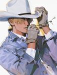 1boy alzi_xiaomi blonde_hair blue_eyes commentary cowboy cowboy_hat cowboy_western english_commentary gloves hat highres jacket long_sleeves male_focus original short_hair simple_background solo white_background 