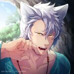  1boy animal_ears artist_name cat_boy cat_ears cave day fangs jewelry locksuke looking_at_viewer male_focus necklace original shirt sunlight tongue tongue_out tree white_hair yellow_eyes 