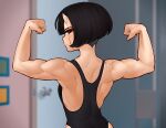  1girl arms_up biceps black_eyes black_hair black_leotard blurry blurry_background bright_pupils d-floe derivative_work eyeshadow flexing from_behind highres leotard looking_at_viewer makeup muscular muscular_female my_lucky_stars original parody pose red_eyeshadow screencap_redraw short_hair solo upper_body white_pupils 