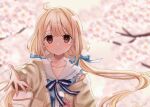  1girl blonde_hair blurry blurry_background blush cardigan cherry_blossoms depth_of_field floating_hair foreshortening futaba_anzu hair_ribbon highres idolmaster idolmaster_cinderella_girls idolmaster_cinderella_girls_starlight_stage looking_at_viewer outdoors reaching_out ribbon rino_cnc smile solo twintails upper_body yellow_cardigan 