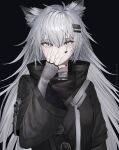  1girl absurdres animal_ears arknights black_background black_jacket black_nails buttons eyebrows_visible_through_hair fingerless_gloves gloves grey_eyes grey_gloves grey_hair hair_between_eyes hair_ornament hairclip hand_over_face hand_up highres jacket lappland_(arknights) long_hair long_sleeves looking_at_viewer messy_hair scar scar_across_eye simple_background solo straight-on suiu_aaa8 upper_body very_long_hair wolf_ears 