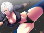  1girl angel_(kof) black_background blue_eyes grin hair_over_one_eye highres kicking looking_at_another okyou smile the_king_of_fighters white_hair 