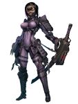  1girl armor belt black_hair black_mask bodysuit chain_paradox covered_navel full_body hetza_(hellshock) holding holding_weapon looking_at_viewer mask medium_hair mouth_mask purple_bodysuit science_fiction sheath sheathed solo standing sword tight transparent_background violet_eyes weapon 