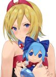  arm_wrap blonde_hair blue_eyes character_doll cirno crossover doll fumo_(doll) hairband highres holding holding_doll irida_(pokemon) jewelry kamu_(kamuuei) neck_ring red_hairband red_shirt shirt strapless strapless_shirt touhou 