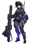  1girl anti-materiel_rifle barcode barcode_tattoo belt black_hair bodysuit camouflage chain_paradox closed_mouth covered_navel facial_tattoo full_body glowing gun headgear hetza_(hellshock) holding holding_weapon looking_at_viewer rifle science_fiction sniper_rifle solo standing tattoo transparent_background vest violet_eyes weapon 