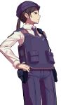  1girl absurdres blue_headwear blue_necktie blue_pants breasts brown_eyes brown_hair bulletproof_vest collared_shirt commentary_request cowboy_shot fuji_seiko hakozume:_kouban_joshi_no_gyakushuu hand_on_hip highres holster large_breasts long_hair long_sleeves necktie pants ponytail profile raimone26 shirt simple_background solo white_background white_shirt 