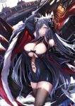  1girl animal_ears arm_up august_von_parseval_(azur_lane) azur_lane bangs bare_shoulders black_dress blue_hair breasts brown_legwear clothing_cutout commentary_request cowboy_shot detached_sleeves dress fake_animal_ears gloves hair_over_one_eye highres horns large_breasts long_hair long_sleeves looking_at_viewer mechanical_dragon mechanical_horns midriff navel nekoya_(liu) parted_lips revision short_dress signature solo standing thigh-highs twitter_username very_long_hair violet_eyes white_gloves 