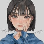  1girl absurdres bangs blue_jacket bob_cut brown_eyes brown_hair closed_mouth commentary_request face grey_background hand_on_own_face hands_up highres jacket long_sleeves original portrait short_hair signature simple_background solo yudoufu_(yudouhu_1212) 