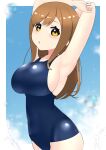  1girl :o blue_sky blue_swimsuit blush breasts brown_hair clouds cloudy_sky cowboy_shot eyebrows_visible_through_hair hair_between_eyes highres kooei kunikida_hanamaru large_breasts long_hair looking_at_viewer love_live! love_live!_sunshine!! school_swimsuit sky solo stretch swimsuit yellow_eyes 