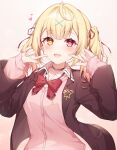  1girl :d bangs black_choker black_jacket blonde_hair bow bowtie cardigan choker collared_shirt eyebrows_visible_through_hair fingers_to_cheeks gradient_hair hair_ornament hair_ribbon hands_up heart heterochromia highres hoshikawa_sara jacket long_hair looking_at_viewer multicolored_hair nijisanji open_mouth pink_cardigan red_bow red_bowtie red_eyes red_ribbon ribbon shirt simple_background sleeves_past_wrists smile solo star-shaped_pupils star_(symbol) symbol-shaped_pupils two_side_up upper_body virtual_youtuber white_shirt x_hair_ornament yellow_eyes zky_(oekaky) 