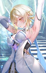  1girl absurdres armpits arms_up bangs blonde_hair blush breasts commentary_request dress flower genshin_impact hair_flower hair_ornament highres large_breasts lumine_(genshin_impact) parted_lips pottsness solo twitter_username white_dress yellow_eyes 