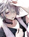  1boy atsushi_(novela&#039;s_forest) black_shirt blush choker fang grey_hair hand_on_forehead highres looking_at_viewer novela&#039;s_forest novela_kudasai pale_skin shirt sweat sweatdrop violet_eyes 