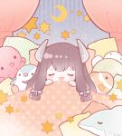  1girl bangs bed black_hair blanket blush canopy_bed chibi commission hair_ribbon highres i-47_(kancolle) kantai_collection long_hair lying nada_namie on_back open_mouth pillow ribbon signature simple_background skeb_commission sleeping solo star_(symbol) stuffed_animal stuffed_dolphin stuffed_fish stuffed_octopus stuffed_penguin stuffed_toy tress_ribbon 
