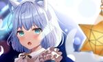 1girl amai_melo animal_ears backlighting bang_dream! bangs black_ribbon blue_eyes blurry blurry_background blurry_foreground blush cat_ears cat_girl dot_nose eyebrows_visible_through_hair fang frills kurata_mashiro looking_at_viewer morfonica open_mouth portrait ribbon short_hair silver_hair small_stellated_dodecahedron solo 