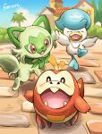  blush brick_road brown_eyes building closed_eyes commentary_request day fangs fuecoco gen_9_pokemon house matsuri_(matsuike) no_humans open_mouth outdoors pokemon pokemon_(creature) pokemon_sv quaxly sky sprigatito standing starter_pokemon_trio tongue 