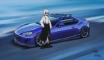  1girl absurdres belt black_belt bokuya car commission cowlick ground_vehicle hand_in_pocket highres motor_vehicle open_hand pointy_ears red_footwear red_skirt short_hair skeb_commission skirt subaru_(brand) subaru_brz vehicle_focus vrchat white_hair xiriya 