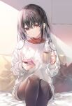  1girl baggy_clothes bangs black_hair blush bottomless cellphone coffee_mug commentary_request cup eyebrows_visible_through_hair hair_between_eyes hair_ornament hairclip highres holding holding_cup holding_phone long_hair looking_at_viewer miwabe_sakura mug on_bed orange_shirt original pantyhose phone pillow red_eyes shirt sitting sitting_on_bed steam sweater 