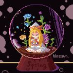  1girl blonde_hair closed_eyes crystal_ball english_commentary english_text flower flower_request hat icicle_tokamak lily_white long_hair pixel_art solo touhou 