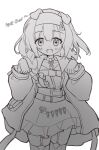  1girl animal_ears arknights bangs blush bow braid cat_ears english_text eyebrows_visible_through_hair fangs frilled_skirt frills garter_straps goldenglow_(arknights) greyscale hair_between_eyes hair_bow hair_over_shoulder hands_up highres hoshi_lingdang jacket long_hair long_sleeves looking_at_viewer monochrome open_clothes open_jacket open_mouth puffy_long_sleeves puffy_sleeves shirt simple_background single_braid skirt solo thigh-highs white_background 
