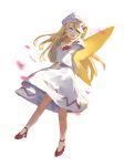  1girl :d ascot bangs blonde_hair blue_eyes capelet dress eyebrows_behind_hair fairy_wings floating_hair full_body hat high_heels highres lily_white long_hair long_sleeves looking_to_the_side motion_blur open_mouth red_ascot red_footwear round_teeth sidelocks simple_background smile solo swept_bangs teasmacker teeth tongue touhou upper_teeth very_long_hair white_background white_capelet white_dress white_headwear wide_sleeves wings 