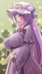  1girl bespectacled book bow breasts commentary_request crescent crescent_hat_ornament dress glasses hair_bow hat hat_ornament highres holding holding_book long_dress long_hair long_sleeves looking_at_viewer mob_cap patchouli_knowledge purple_hair solo touhou violet_eyes wide_sleeves zakozako_y 