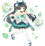  1girl ark_order bangs bare_shoulders black_bow black_hair blue_bow blue_footwear bow bug butterfly butterfly_wings detached_collar detached_sleeves dress energy_wings flat_chest flower footwear_bow frilled_sleeves frills full_body gold_trim green_bow green_dress green_eyes green_wings hair_bow hair_flower hair_ornament hairclip leaf leizu_(ark_order) long_hair long_sleeves multicolored_clothes multicolored_dress official_art shoes solo sparkle tachi-e thigh-highs transparent_background tsukimi_(xiaohuasan) twintails very_long_hair white_bow white_dress white_flower white_legwear wings 