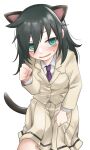  1girl animal_ears bags_under_eyes bangs black_hair blazer blush cat_ears cat_tail clenched_hand collared_shirt commentary green_eyes hair_between_eyes hand_up highres hikaru_(ofuton_at5) jacket kemonomimi_mode kuroki_tomoko long_hair long_skirt long_sleeves looking_at_viewer necktie parted_lips pleated_skirt purple_necktie school_uniform shirt simple_background skirt skirt_hold solo standing sweatdrop tail watashi_ga_motenai_no_wa_dou_kangaetemo_omaera_ga_warui! white_background white_shirt yellow_jacket yellow_skirt 