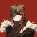  1girl animal_ears arknights bear_ears blue_eyes brown_hair brown_jacket brown_sailor_collar earphones earphones fur-trimmed_jacket fur_trim hand_up head_rest hi_yuuga highres jacket long_hair looking_at_viewer multicolored_hair neckerchief open_clothes open_jacket red_background red_neckerchief redhead sailor_collar school_uniform shirt simple_background solo streaked_hair upper_body v-shaped_eyebrows white_shirt zima_(arknights) 