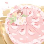  1girl bird bouquet bow cake chai cherry_blossoms closed_eyes commentary_request dessert dress flower food food_focus hair_flower hair_ornament holding holding_bouquet medium_hair minigirl original redhead ribbon signature smile undersized_animal wedding_dress white_dress 