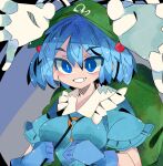 1girl bangs blue_eyes blue_gloves blue_hair blue_shirt breasts chinese_commentary commentary_request eyebrows_visible_through_hair gloves grin hair_between_eyes hat highres kawashiro_nitori light_blush looking_at_viewer medium_breasts r.h_no.1_fuyumomo shirt short_hair smile solo touhou upper_body 