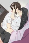  2girls absurdres black_hair blue_eyes blush brown_eyes brown_hair commentary_request eyebrows_visible_through_hair hand_in_another&#039;s_hair hand_under_clothes highres lying multiple_girls on_back on_person original ryuusa yuri 