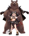  1girl animal azur_lane bear black_footwear black_headwear black_jacket blonde_hair breasts chain gloves grozny_(azur_lane) hat highres holding holding_shovel jacket kinjo_kuromomo looking_at_viewer midriff navel off_shoulder official_alternate_costume official_art open_clothes open_jacket short_hair shovel small_breasts transparent_background violet_eyes yellow_gloves 