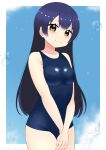  1girl blue_hair blue_sky blue_swimsuit blush breasts clouds cloudy_sky covering covering_crotch cowboy_shot eyebrows_visible_through_hair hair_between_eyes highres kooei long_hair looking_at_viewer looking_back love_live! love_live!_school_idol_project school_swimsuit sky small_breasts solo sonoda_umi swimsuit water yellow_eyes 