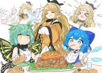  &gt;_&lt; 3girls antennae aqua_hair bandaid bandaid_on_face bandaid_on_forehead black_headwear blonde_hair blue_bow blue_dress blue_eyes blue_hair blush bow bread butterfly_wings cirno closed_eyes collared_shirt commission commissioner_upload cooking crossed_arms cup detached_wings dress drinking_glass eating eternity_larva eyebrows_visible_through_hair fairy food fork green_dress hair_between_eyes hair_bow hat highres holding holding_food holding_fork holding_knife ice ice_wings knife leaf leaf_on_head long_hair matara_okina muffin multicolored_clothes multicolored_dress multiple_girls multiple_views orange_sleeves pasta shirt short_hair short_sleeves skeb_commission smile spaghetti tabard tatutaniyuuto touhou water white_shirt wide_sleeves wings yellow_eyes 