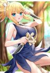  1girl blonde_hair blue_dress blue_eyes blush breasts dr._stone dress eyebrows_visible_through_hair highres holding holding_knife holding_weapon knife kohaku_(dr._stone) large_breasts looking_at_viewer mizukoshi_(marumi) open_mouth ponytail solo tree weapon 