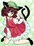  1341398tkrtr 1girl :o animal_ear_fluff animal_ears bangs bow bowtie breasts brown_eyes brown_hair cat_ears cat_tail chen dress eyebrows_visible_through_hair full_body green_background green_headwear hair_between_eyes hand_up hat kneeling looking_at_viewer medium_breasts medium_hair mob_cap multiple_tails nekomata open_mouth paw_pose petticoat red_dress simple_background solo tail touhou two_tails yellow_bow yellow_bowtie 