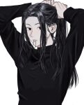  1boy arms_behind_head arms_up black_eyes black_hair black_shirt chokeke_005 hair_tie_in_mouth holding holding_hair hunter_x_hunter illumi_zoldyck long_sleeves looking_at_viewer mouth_hold parted_lips ponytail shirt simple_background solo straight_hair turtleneck tying_hair upper_body white_background 
