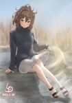  1girl alternate_costume artist_logo black_sweater blue_eyes brown_hair commentary_request dated full_body highres kantai_collection ld_(luna_dial398) long_hair looking_at_viewer messy_hair pleated_skirt ponytail sheffield_(kancolle) sitting skirt solo sweater toeless_footwear white_skirt 