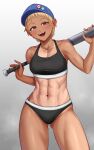  1girl :d abs absurdres ass_visible_through_thighs bangs bare_shoulders baseball_bat baseball_cap bikini black_bikini blonde_hair blue_headwear blush breasts collarbone commentary_request commission cowboy_shot groin hat highres holding holding_baseball_bat looking_at_viewer midriff navel one-piece_tan open_mouth original red_eyes reward_available short_hair sidelocks simple_background skeb_commission small_breasts smile solo sports_bikini standing swimsuit tan tanlines taut_clothes teeth toin_(koto54576897) tomboy upper_teeth white_background 