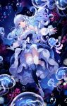  &gt;_&lt; &gt;o&lt; 1girl ahoge anklet asymmetrical_legwear bloomers blue_eyes blue_hair bow breasts bubble collarbone commentary_request coral_reef dark_background detached_sleeves dress fish floating_clothes floating_hair gem glowing glowing_hair highres jellyfish jewelry long_hair looking_at_viewer medium_breasts multicolored_hair nardack necklace original outstretched_arms shoes sleeveless sleeveless_dress smile spread_arms thigh-highs thighlet underwater underwear white_hair 