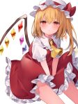  1girl ascot bangs between_legs blonde_hair blush bow closed_mouth crystal eyebrows_visible_through_hair feet_out_of_frame flandre_scarlet flat_chest frilled_shirt_collar frills from_above furrowed_brow hair_between_eyes hand_between_legs hat hat_bow highres komomo_(ptkrx) light_frown looking_at_viewer medium_hair mob_cap one_side_up petticoat puffy_short_sleeves puffy_sleeves red_bow red_eyes red_skirt red_vest short_sleeves simple_background sitting skirt solo touhou v_arms vest white_background white_headwear wings yellow_ascot 