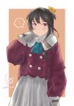  ... 1girl alternate_costume black_hair commentary_request cowboy_shot fur-trimmed_shirt fur_trim gloves grey_gloves hair_ribbon half_updo highres kantai_collection ld_(luna_dial398) long_hair looking_at_viewer multicolored_hair naganami_(kancolle) pink_hair pleated_skirt red_eyes red_shirt ribbon shirt skirt solo spoken_ellipsis two-tone_hair wavy_hair white_gloves white_shirt 