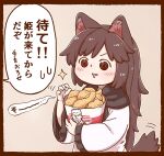  1girl @_@ animal_ear_fluff animal_ears bangs brown_hair bucket_of_chicken chicken_leg commentary_request dress drooling holding imaizumi_kagerou long_hair long_sleeves mouth_drool open_mouth pink_background poronegi red_eyes solo sparkle tail touhou translated upper_body white_dress wide_sleeves wolf_ears wolf_tail 