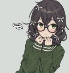  1girl bangs black_hair blush bow braid cevio english_commentary glasses green_eyes green_sweater grey_background hair_bow hanakuma_chifuyu hands_in_hair hands_up long_hair looking_at_viewer semi-rimless_eyewear simple_background sleeves_past_wrists solo speech_bubble sweatdrop sweater synthesizer_v teshima_nari twin_braids upper_body white_bow 