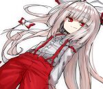  1girl akai_ikuto bangs bow buttons closed_mouth collared_shirt cowboy_shot dutch_angle eyebrows_visible_through_hair fujiwara_no_mokou hair_bow hime_cut long_hair long_sleeves messy_hair pants red_eyes red_pants shirt sidelocks silver_hair simple_background sleeve_garter smile solo standing suspenders touhou very_long_hair white_background white_bow white_shirt 